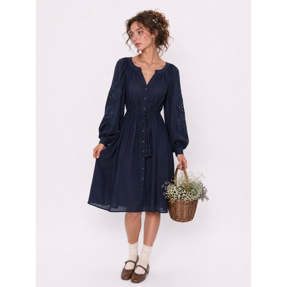 Miss‎ Me Dress Women Medium Navy Blue Cottagecore Boho Embroidered Tassel Belted